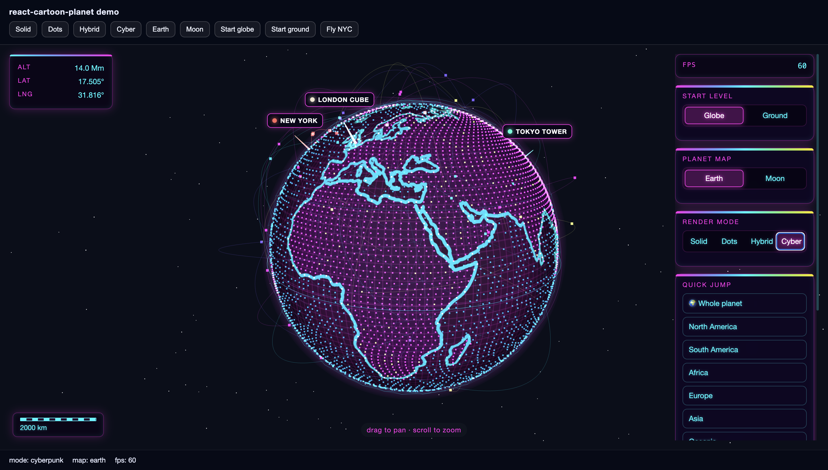 react-cartoon-planet interactive 3D globe demo